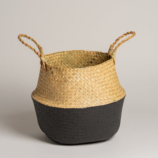 Cesto de palma estilo vietnamita natural y negro 35x29 cm