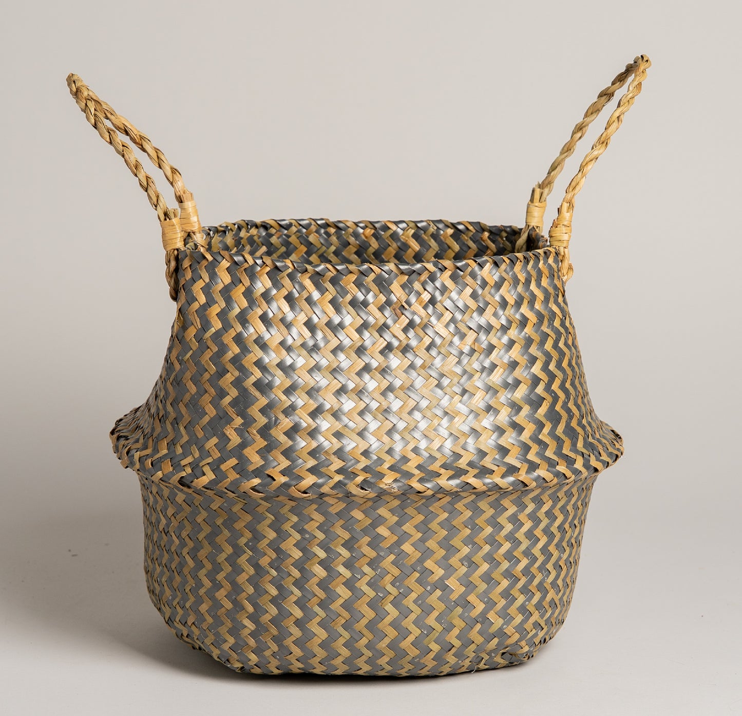 Cesto de palma estilo vietnamita natural y gris 35x29 cm
