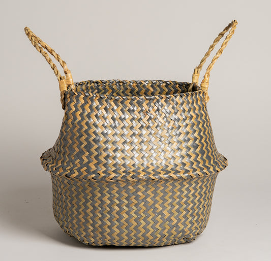 Cesto de palma estilo vietnamita natural y gris 35x29 cm