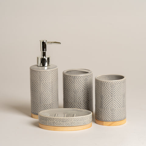 Dispenser para baño de ceramica gris y madera set