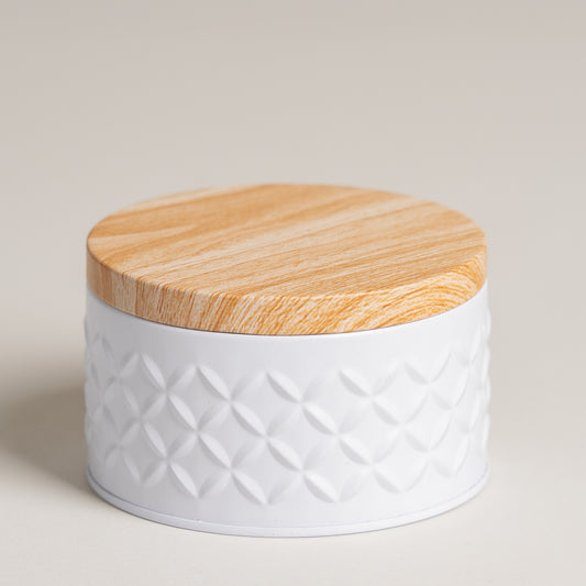 Lata tapa tipo madera base blanca 10x6 cm