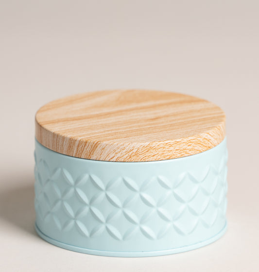Lata tapa tipo madera base celeste 10x6 cm
