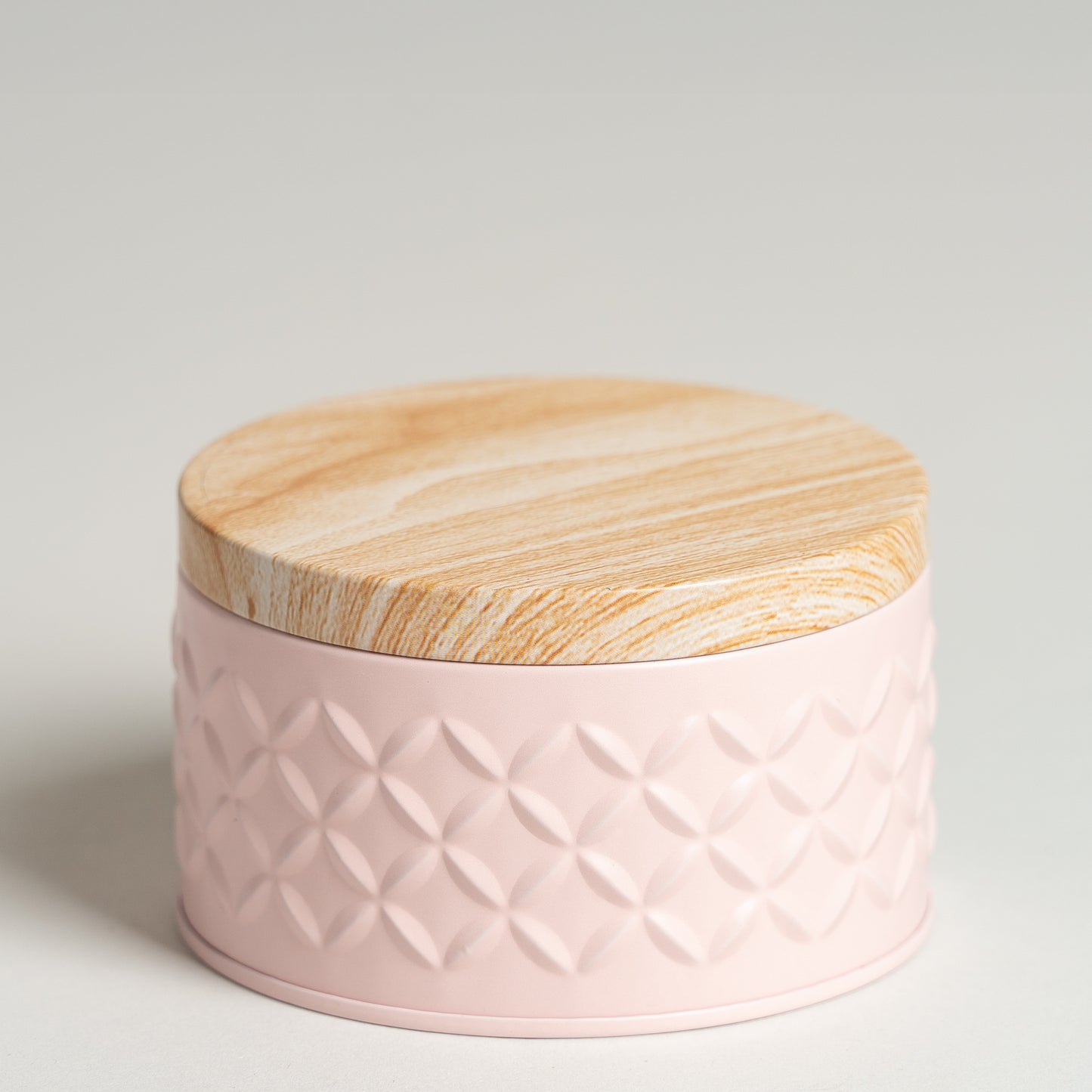 Lata tapa tipo madera base rosa 10x6 cm