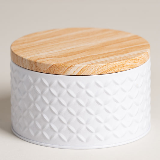 Lata tapa tipo madera base blanca 13x8 cm