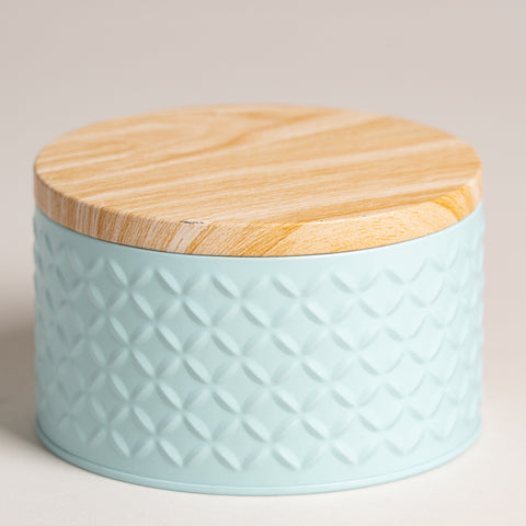 Lata tapa tipo madera base celeste 13x8 cm