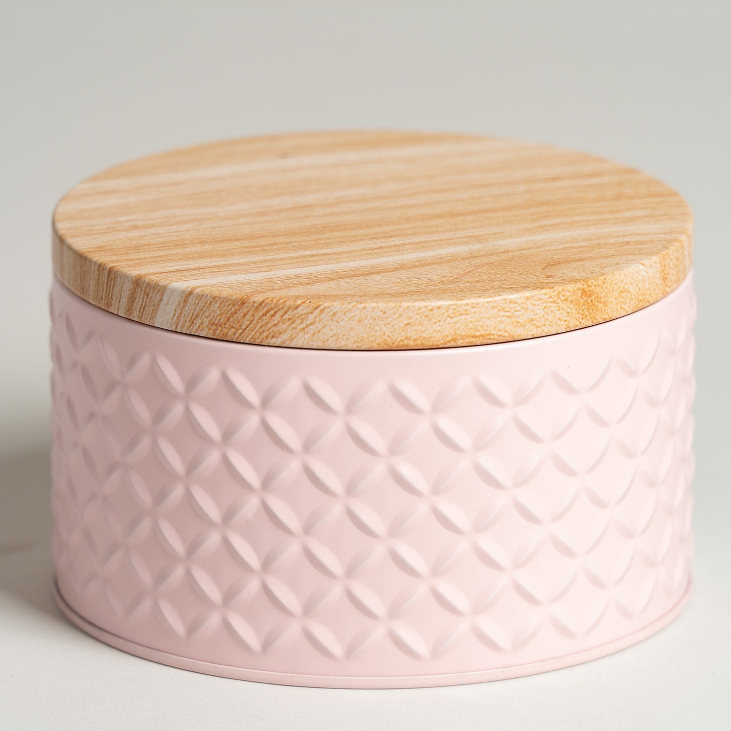Lata tapa tipo madera base rosa 13x8 cm