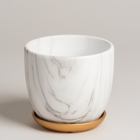 Maceta de ceramica simil marmol carrara con plato ramsay 14x13cm