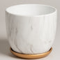 Maceta de ceramica simil marmol carrara con plato Ramsay XL 21x19cm