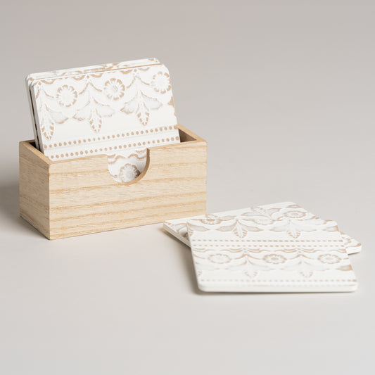 Posavasos cuadrados de madera tramada blanco set x 6 10x10 cm
