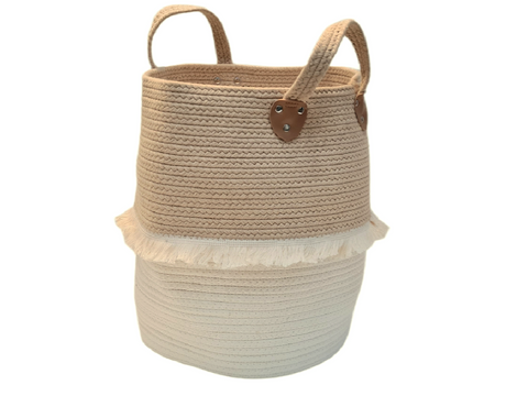 Cesto redondo flecos Hype beige y blanco 28x35 cm