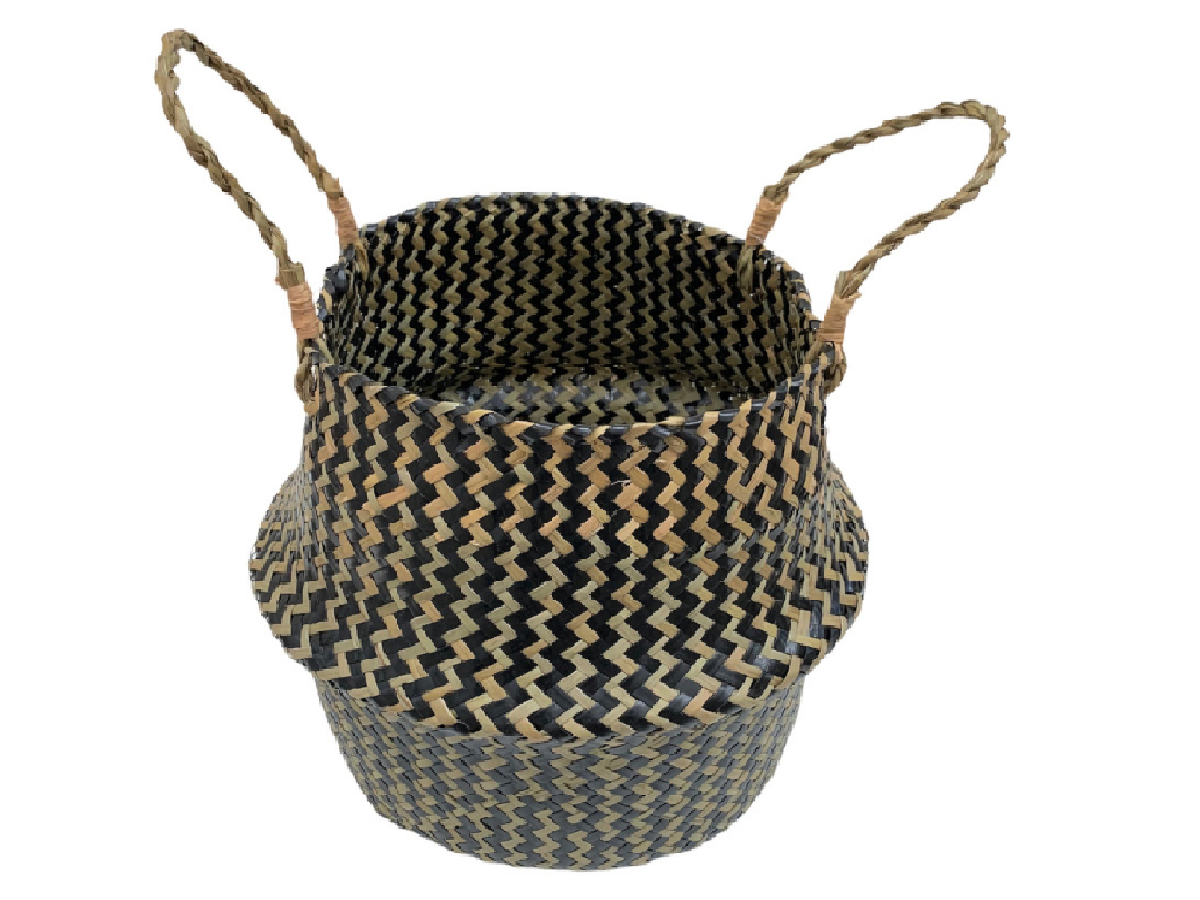 Cesto de palma estilo vietnamita natural y negro zigzag 35x29 cm