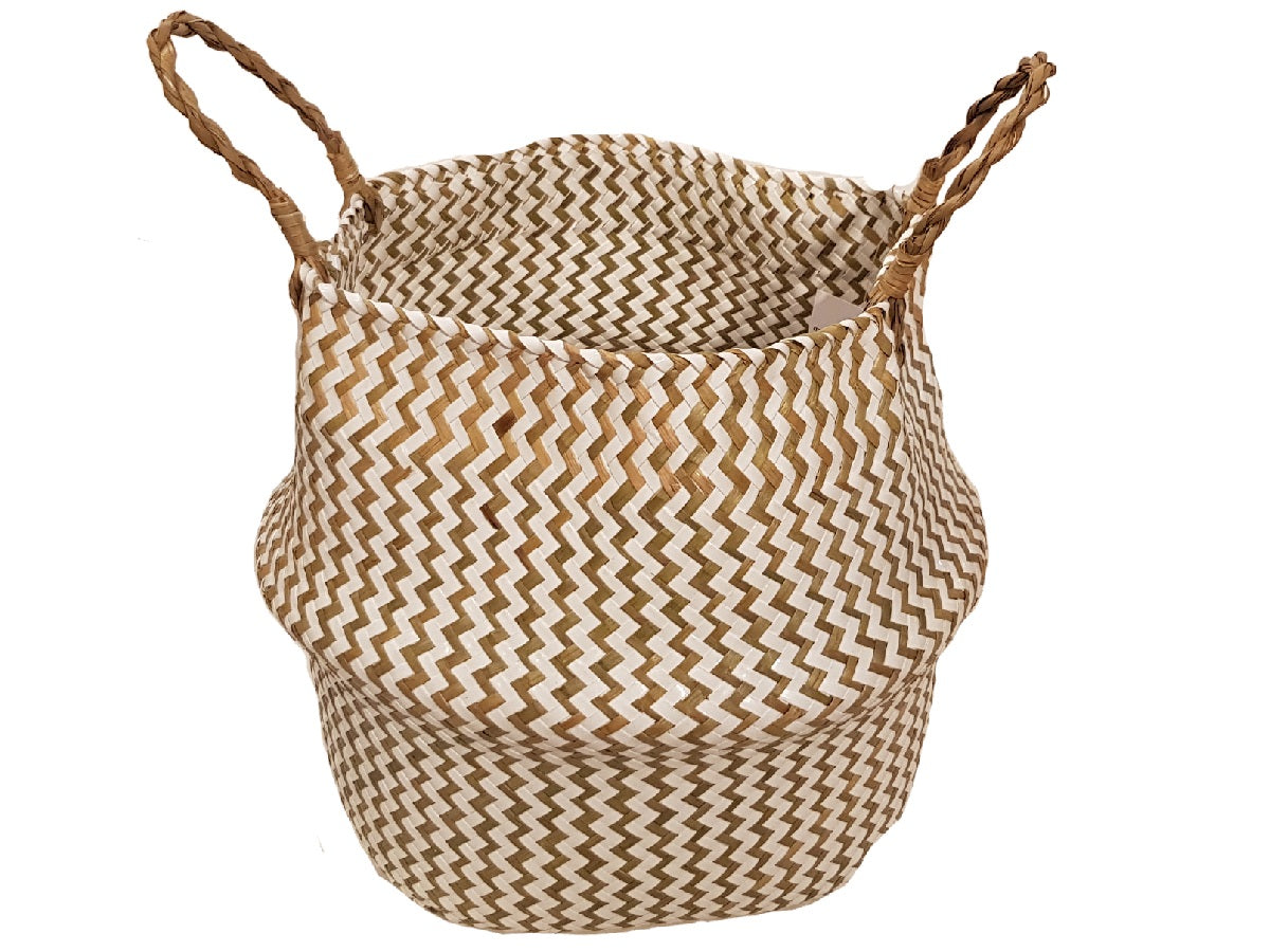 Cesto de palma estilo vietnamita natural y blanco zigzag 35x29 cm