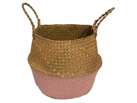 Cesto de palma estilo vietnamita natural y rosa 35x29 cm
