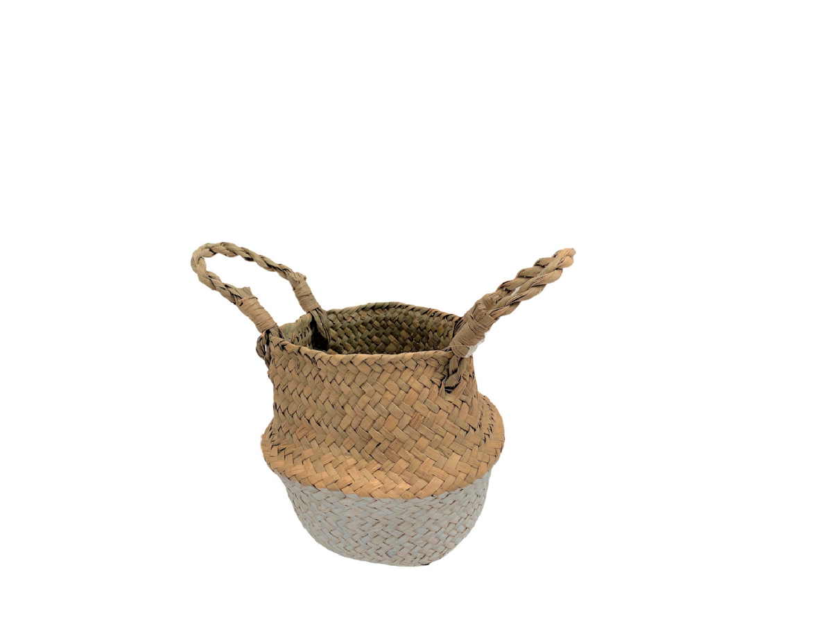 Cesto de palma estilo vietnamita natural y blanco 16x14 cm