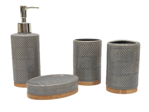 Dispenser para baño de ceramica gris y madera set
