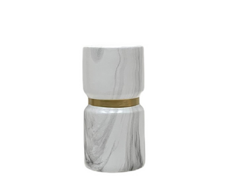 Jarron de ceramica gris simil marmol linea dorada 16x11 cm
