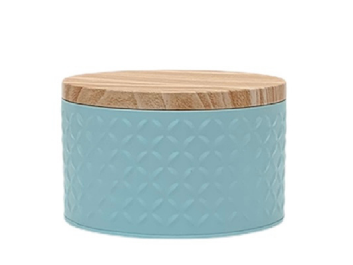 Lata tapa tipo madera base celeste 13x8 cm