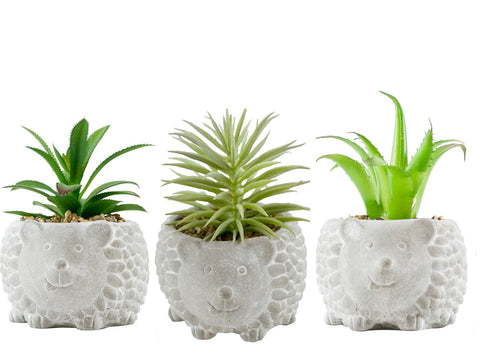 Macetas cemento carpincho con planta artificial set x 3  7x7x11 cm