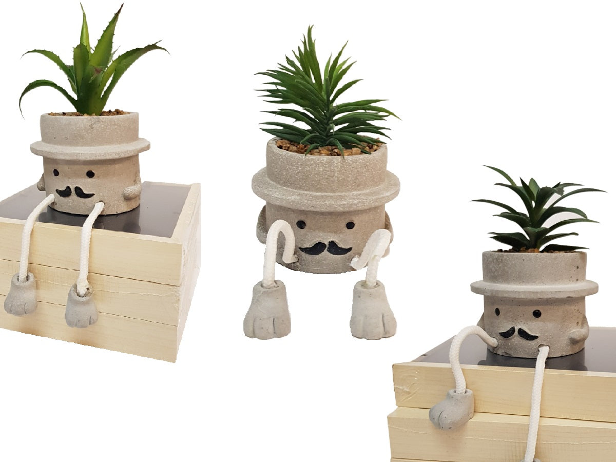 Macetas cemento bigotes con planta artificial Set x 3 8.5x15 cm