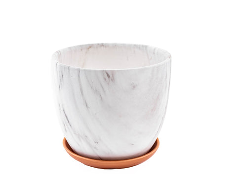 Maceta de ceramica simil marmol carrara con plato ramsay 14x13cm