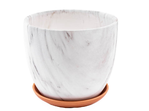 Maceta de ceramica simil marmol carrara con plato ramsay 18x15cm