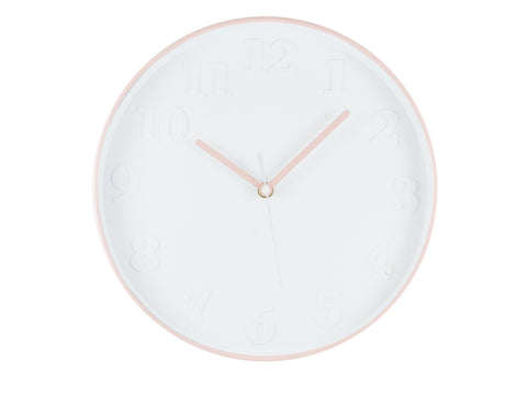 Reloj redondo rosa fondo blanco c/numeros en relieve blancos 30cm